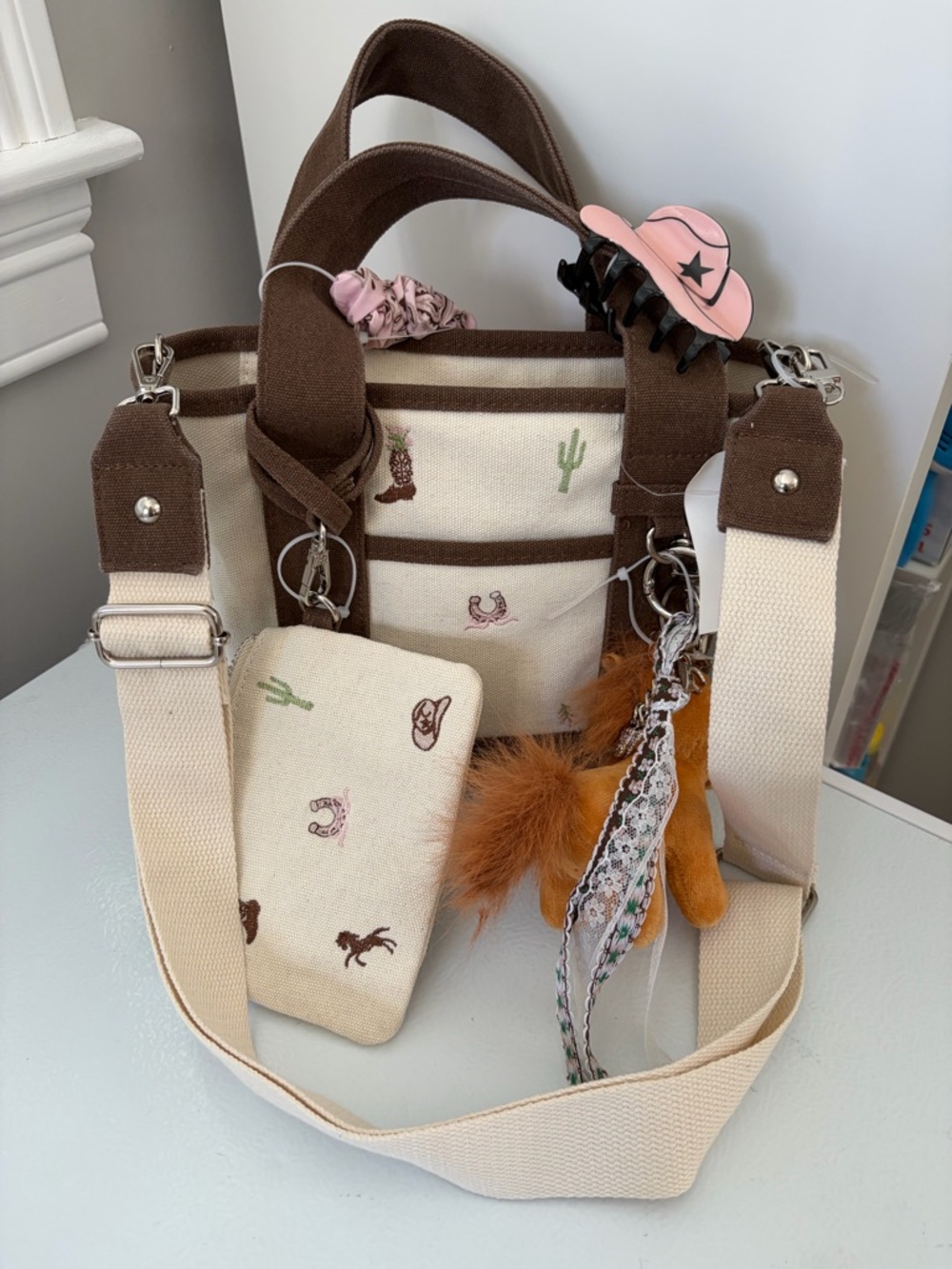 Madden Girl Brown and Cream Canvas Western Tote with Removable Strap